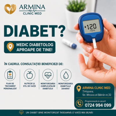 Consult diabet gratuit CNAS cu bilet de trimitere cu analiza de hemoglobină glicată gratuită in cadrul consultului initial la Armina ClinicMed în Timișoara